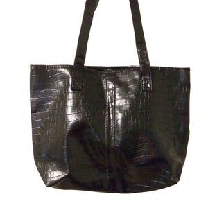 Black Croc Faux Leather Snap Closure Tote